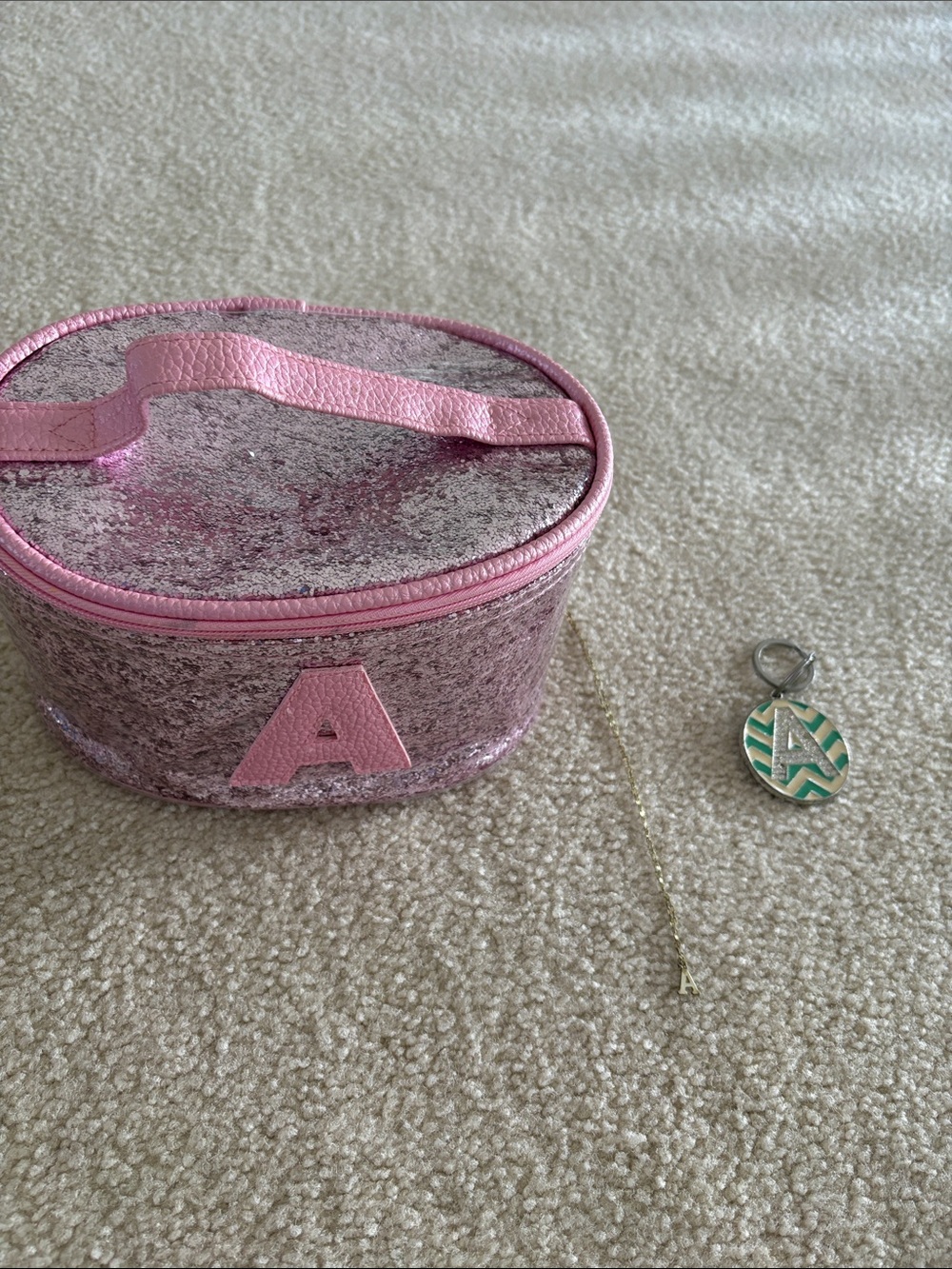 Kids Pink Glitter Travel Case with 'A' Accent with ‘A’ necklace and keychain